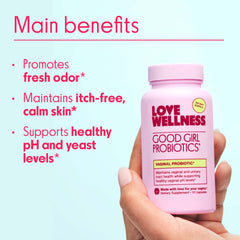 Bottle pour of Good Girl Probiotics shows easy daily intake for vaginal health.