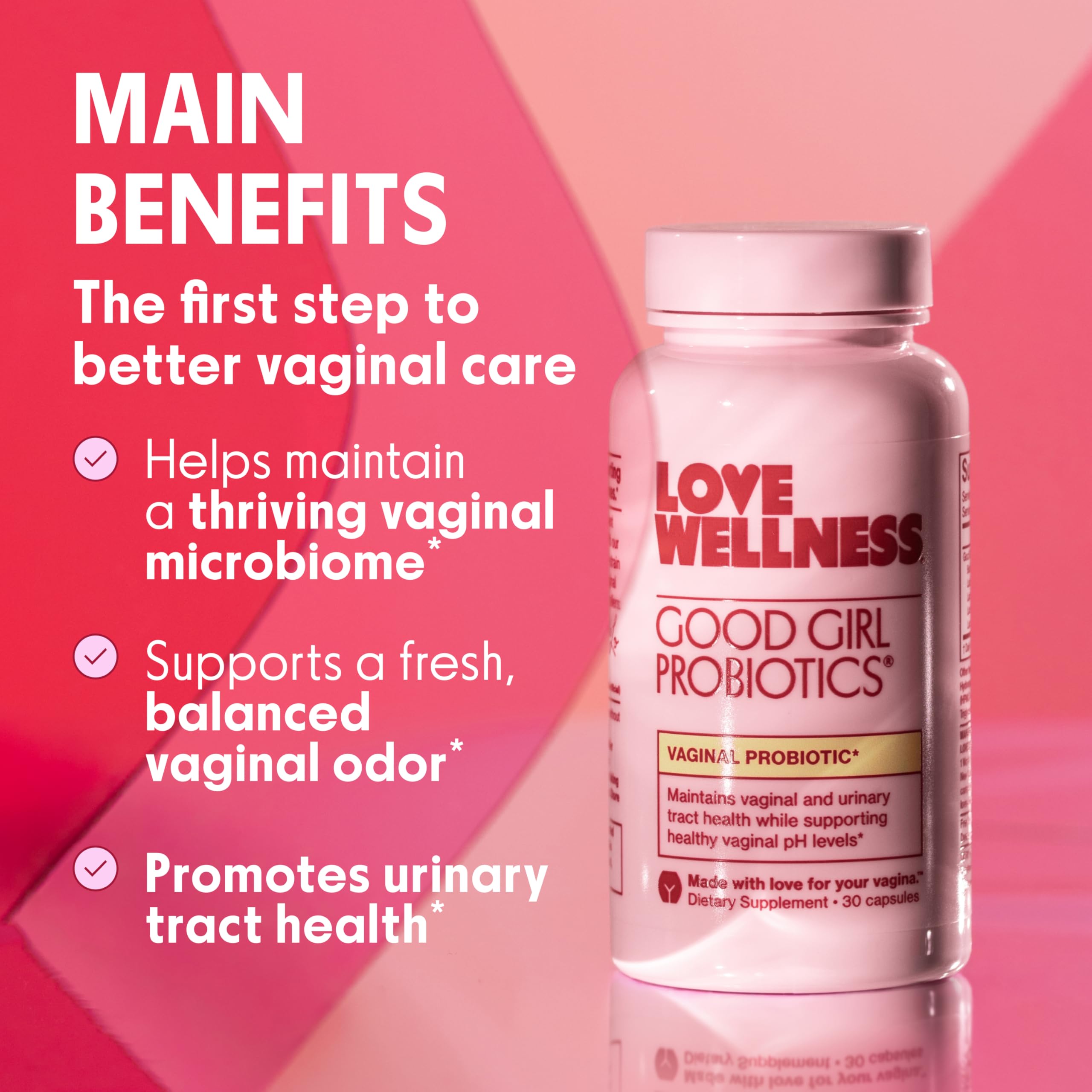 Close-up of Love Wellness Good Girl Probiotics capsule for easy daily use
