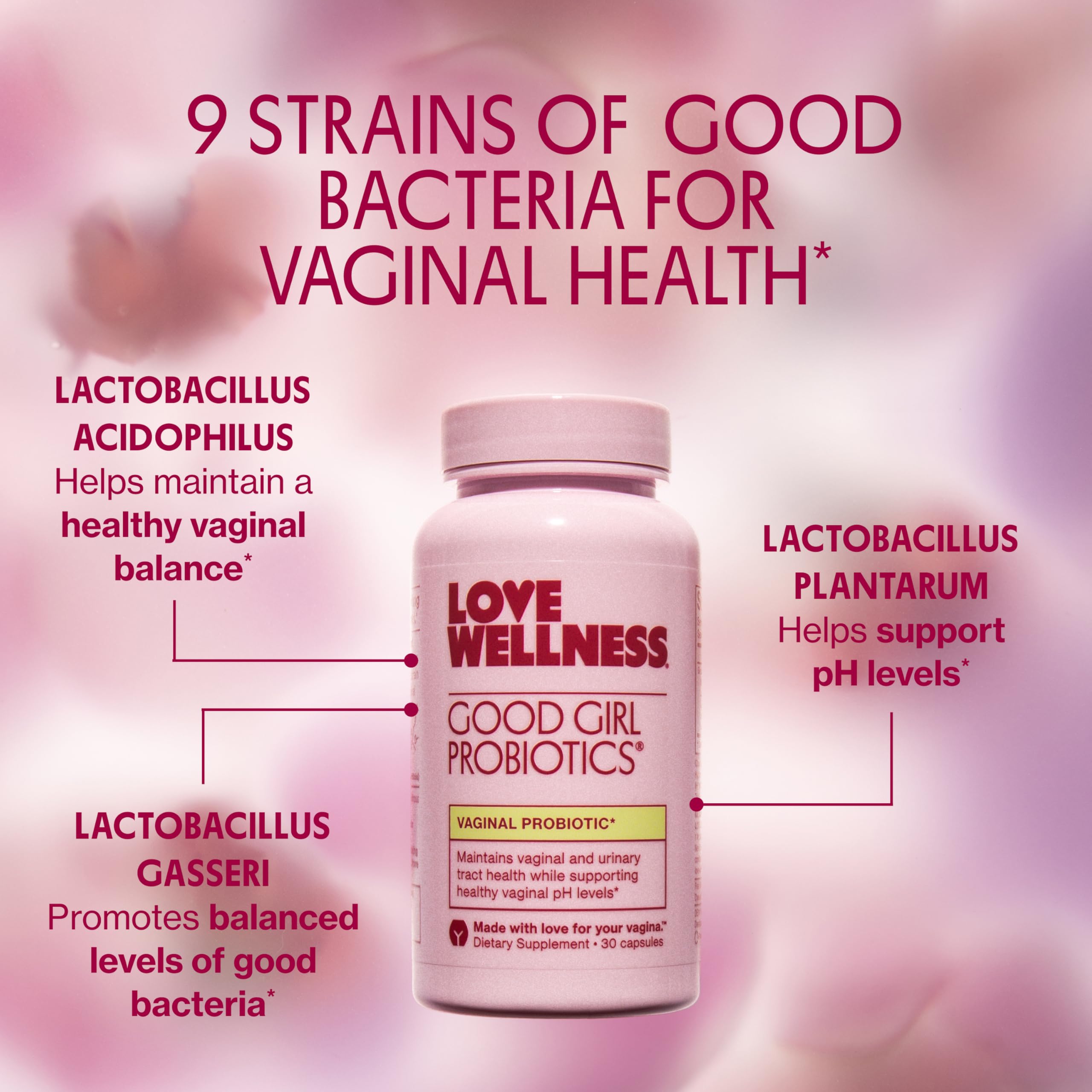 Love Wellness Good Girl Probiotics capsule close-up shows vegan, easy-to-swallow capsule.