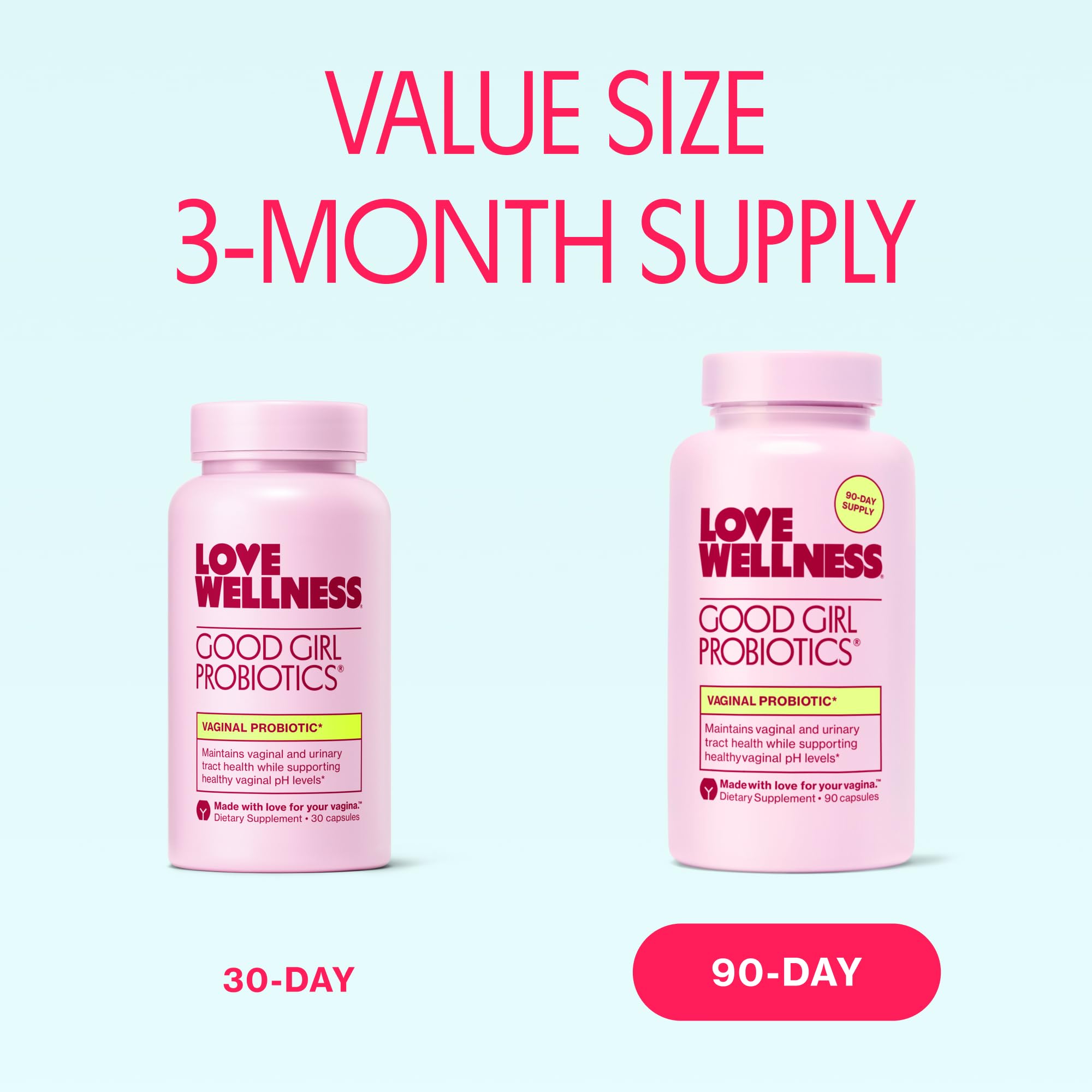 Vegan Good Girl Probiotics capsules are easy to swallow for daily feminine care.