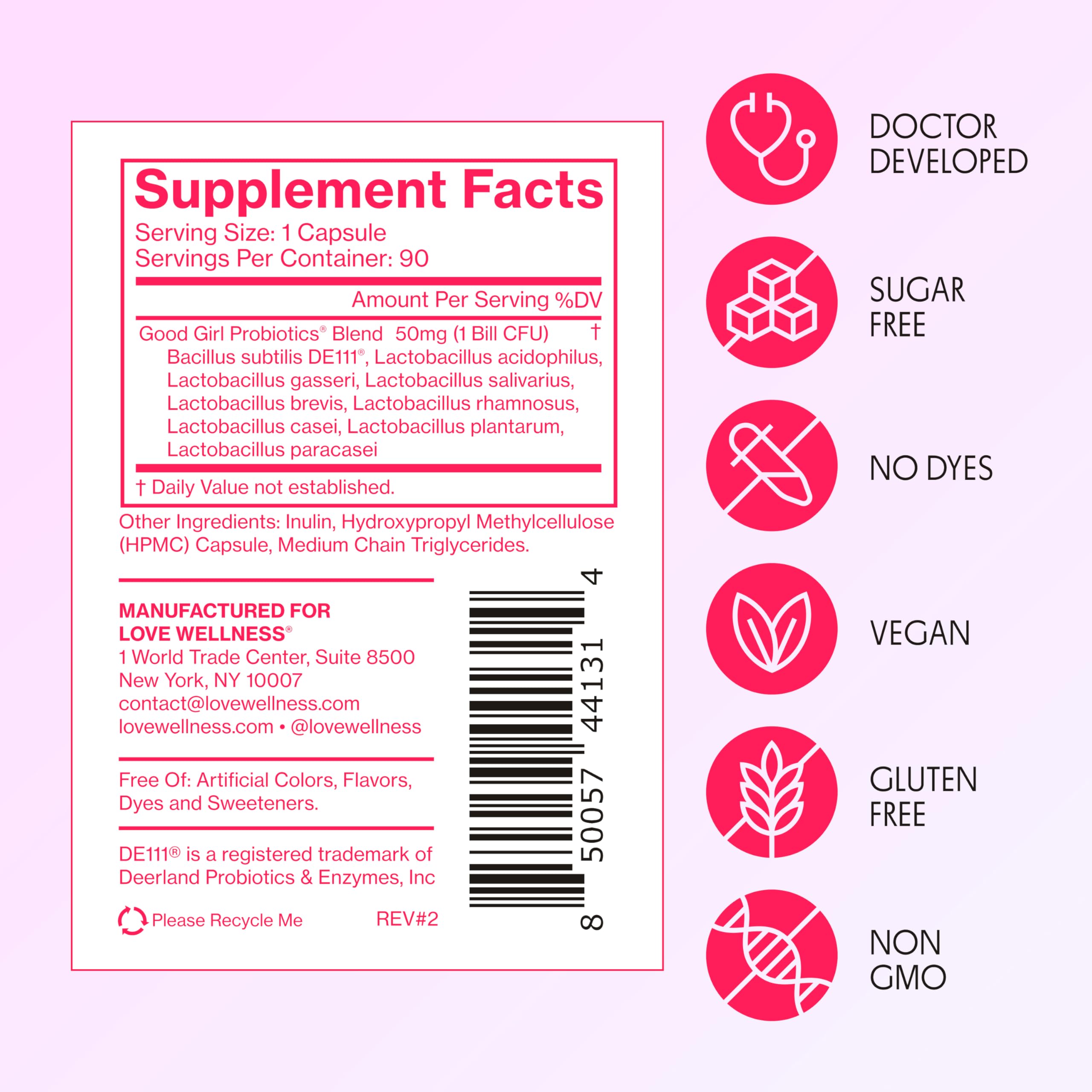 Daily-use capsule from Love Wellness Good Girl Probiotics for ongoing feminine care.