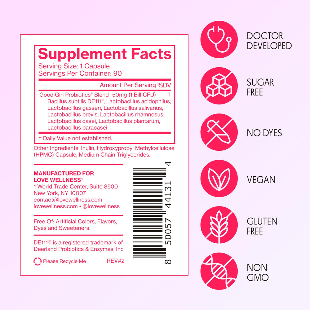 Daily-use capsule from Love Wellness Good Girl Probiotics for ongoing feminine care.