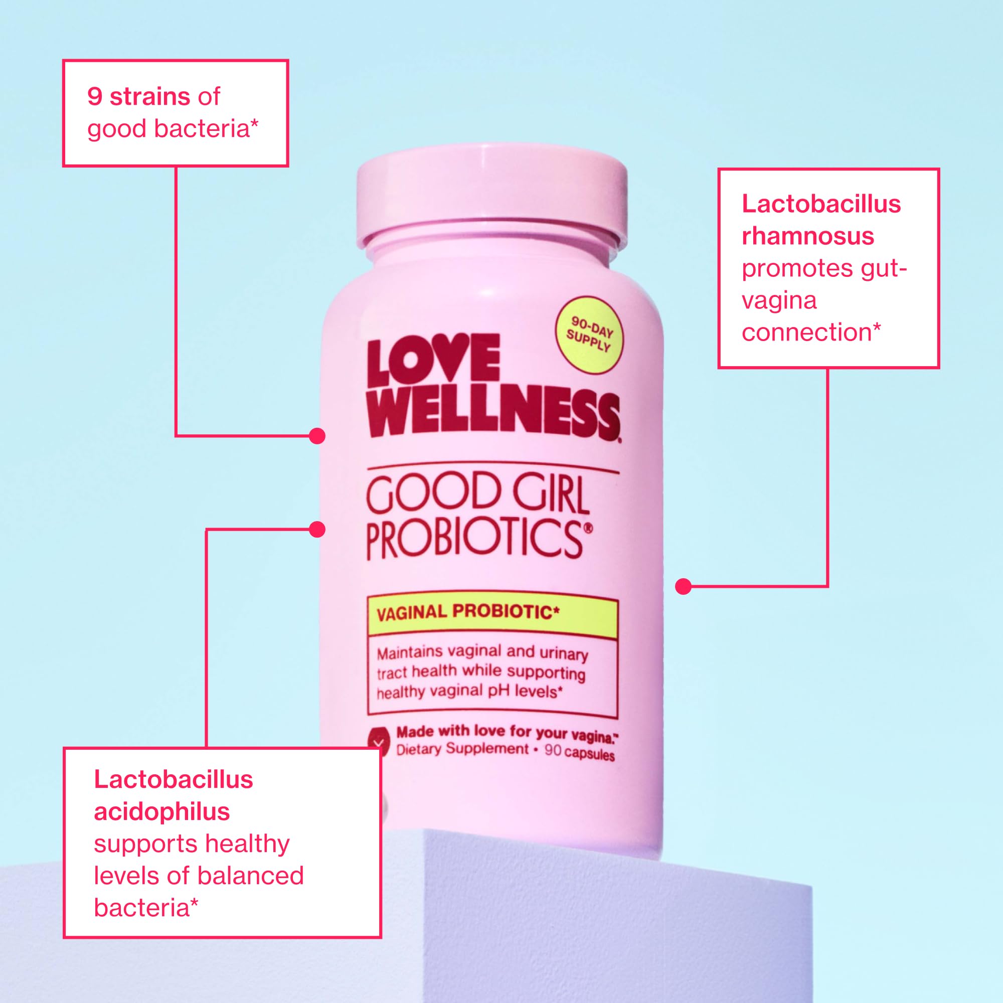 Label highlights nine strains in Good Girl Probiotics for balance and use.