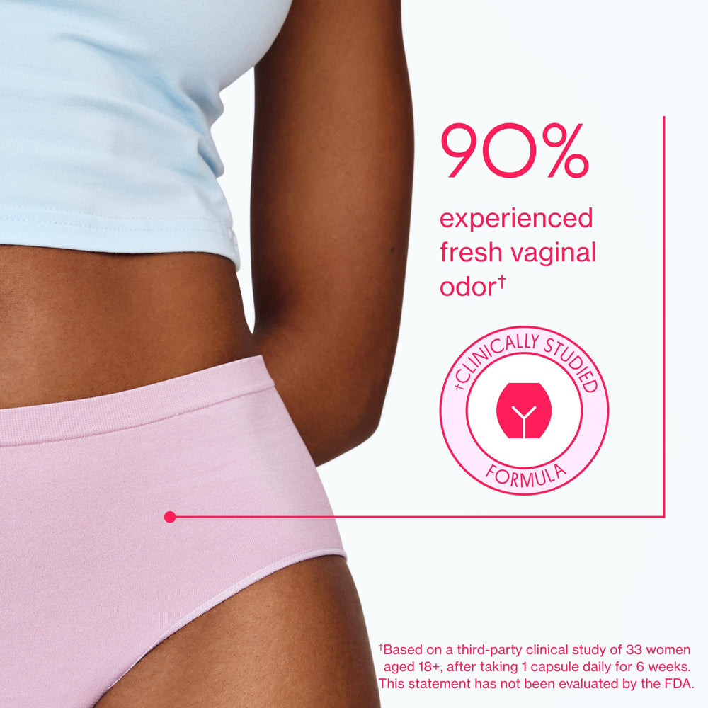 Packaging close-up reveals shelf-stable, travel-friendly Good Girl Probiotics formula.