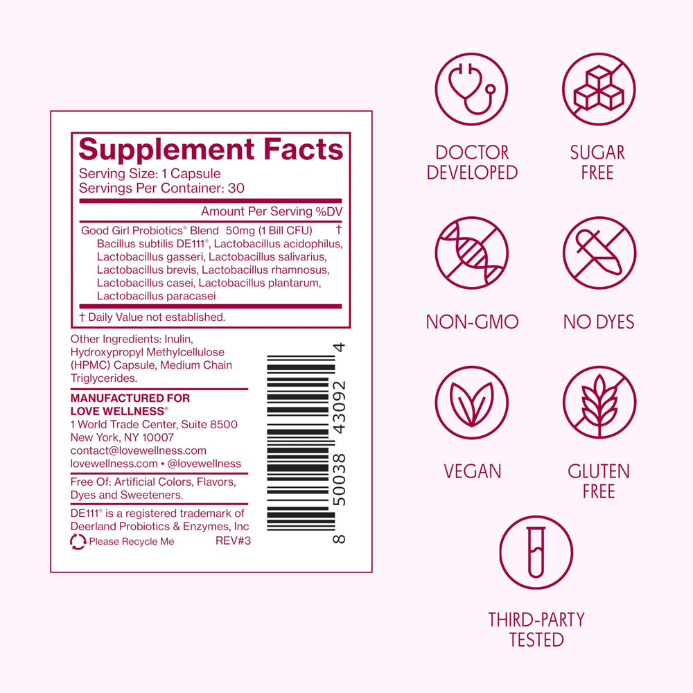 Love Wellness Good Girl Probiotics bottle with safety seal for trusted safety.