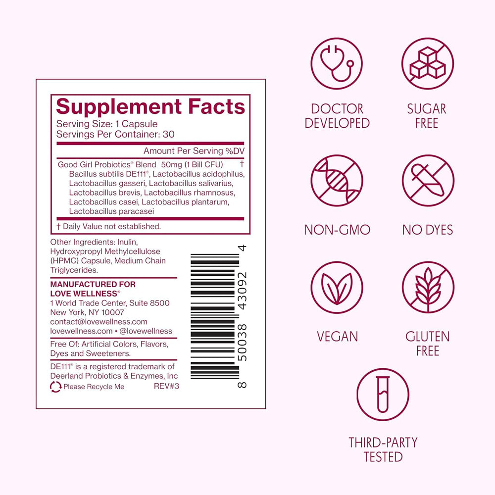 Third-party tested label on Love Wellness Good Girl Probiotics packaging