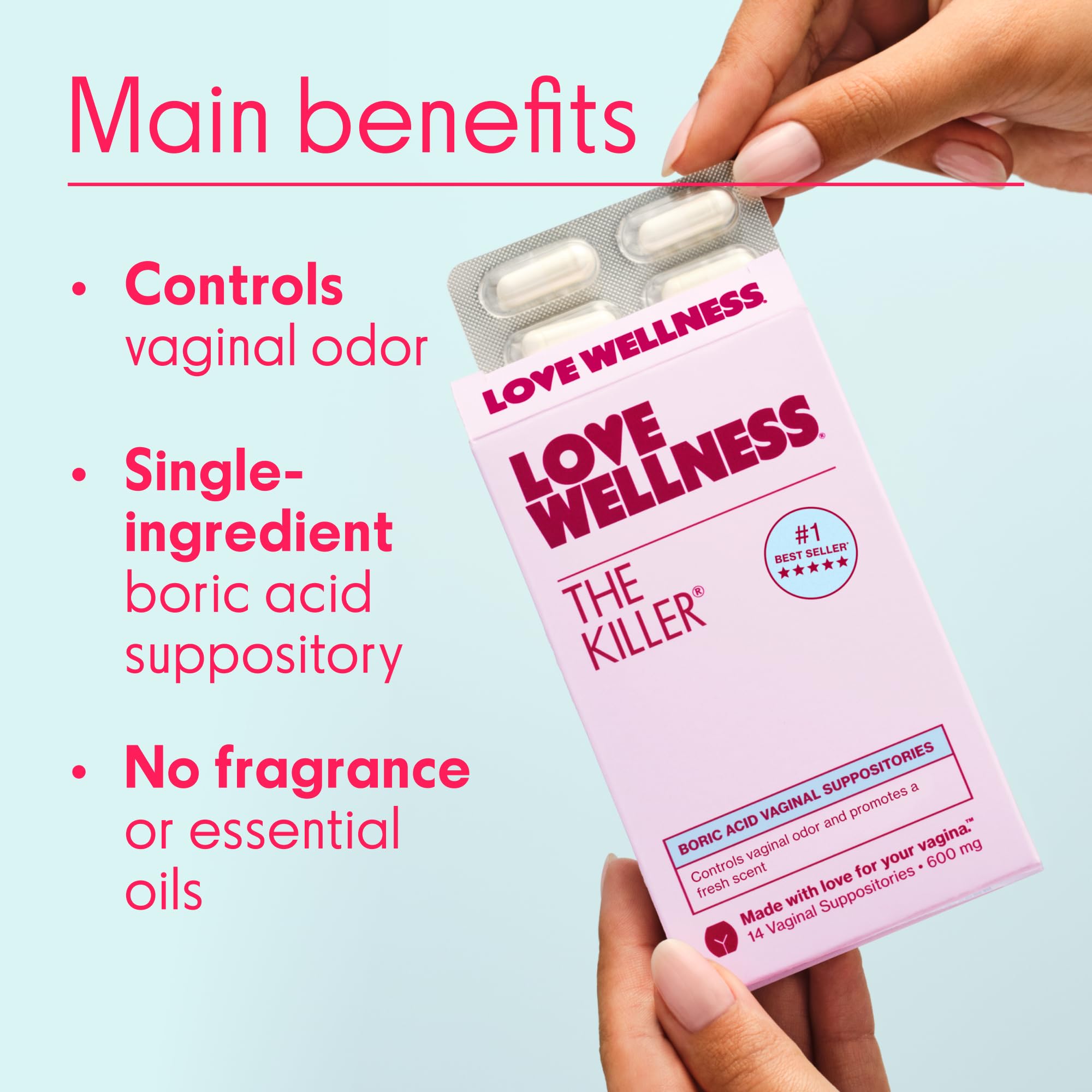 Love Wellness The Killer suppositories pack showing boric acid treatment option.