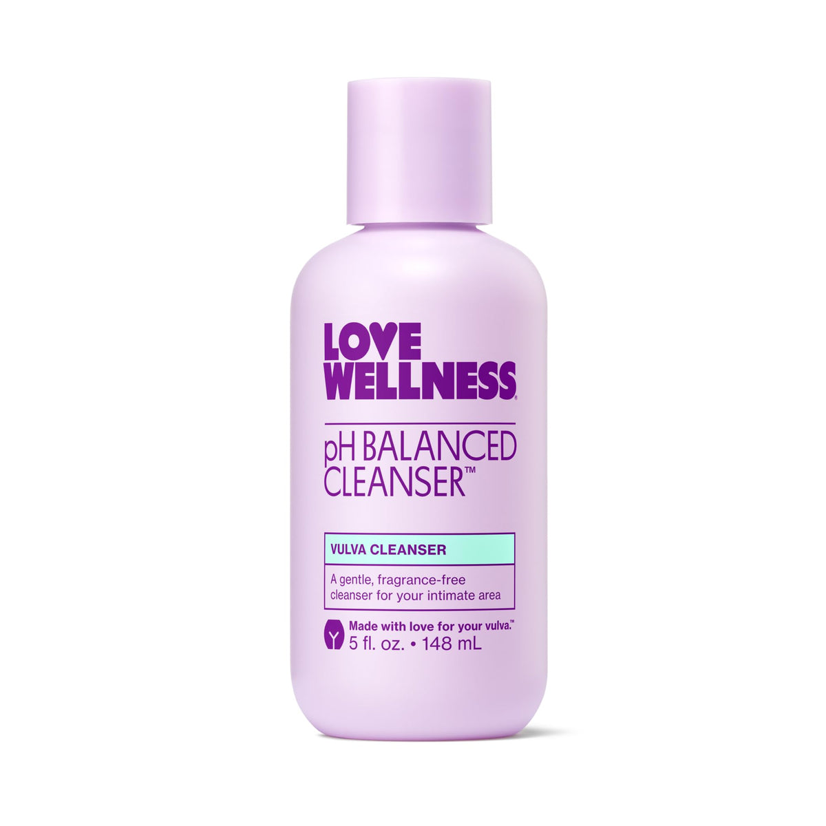 Love Wellness pH Balancing Cleanser bottle with fragrance-free formula for sensitive skin.