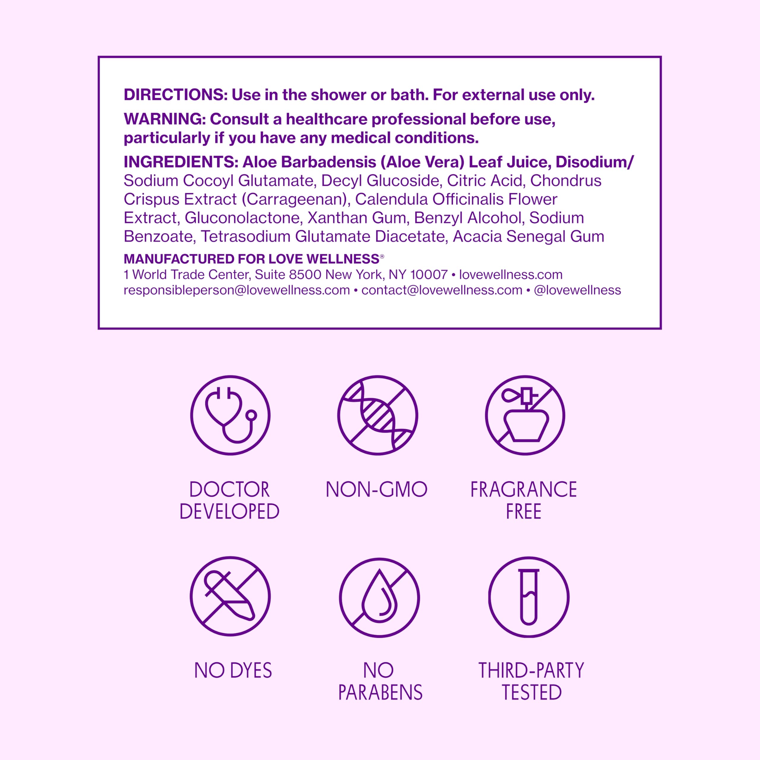 Love Wellness pH Balancing Cleanser vegan cruelty-free badge indicates ethical production.