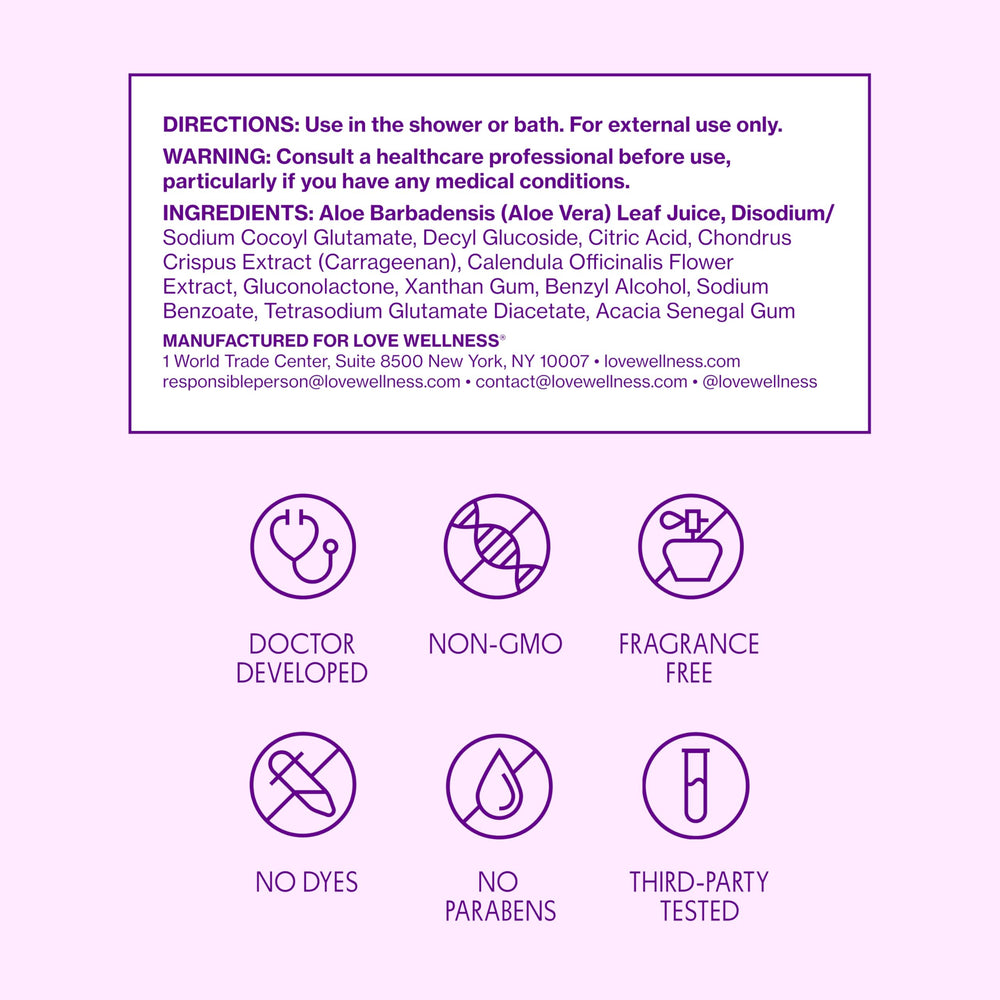Love Wellness pH Balancing Cleanser vegan cruelty-free badge indicates ethical production.
