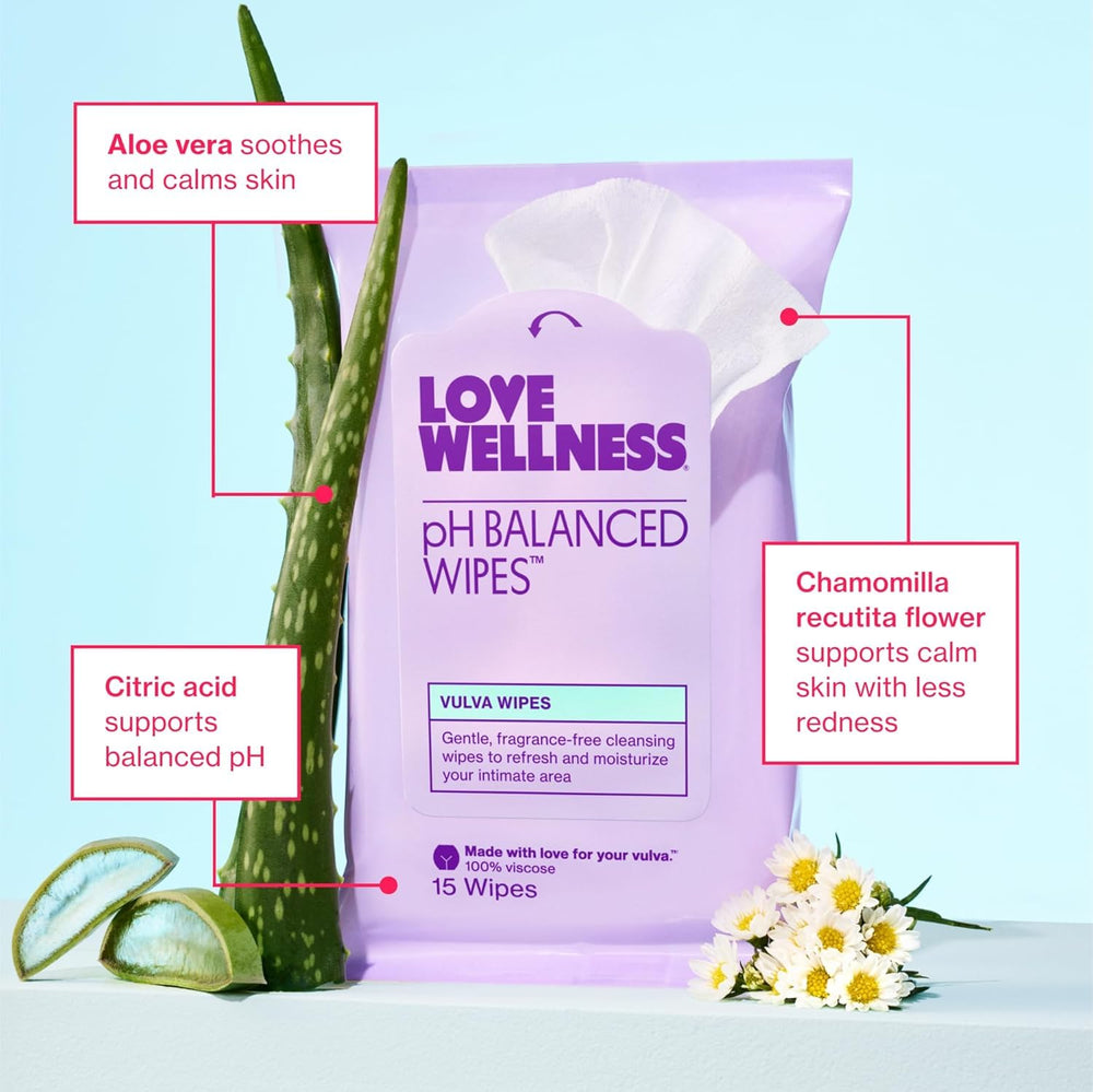 Aloe vera and chamomile blend in Love Wellness wipes for soothing care.
