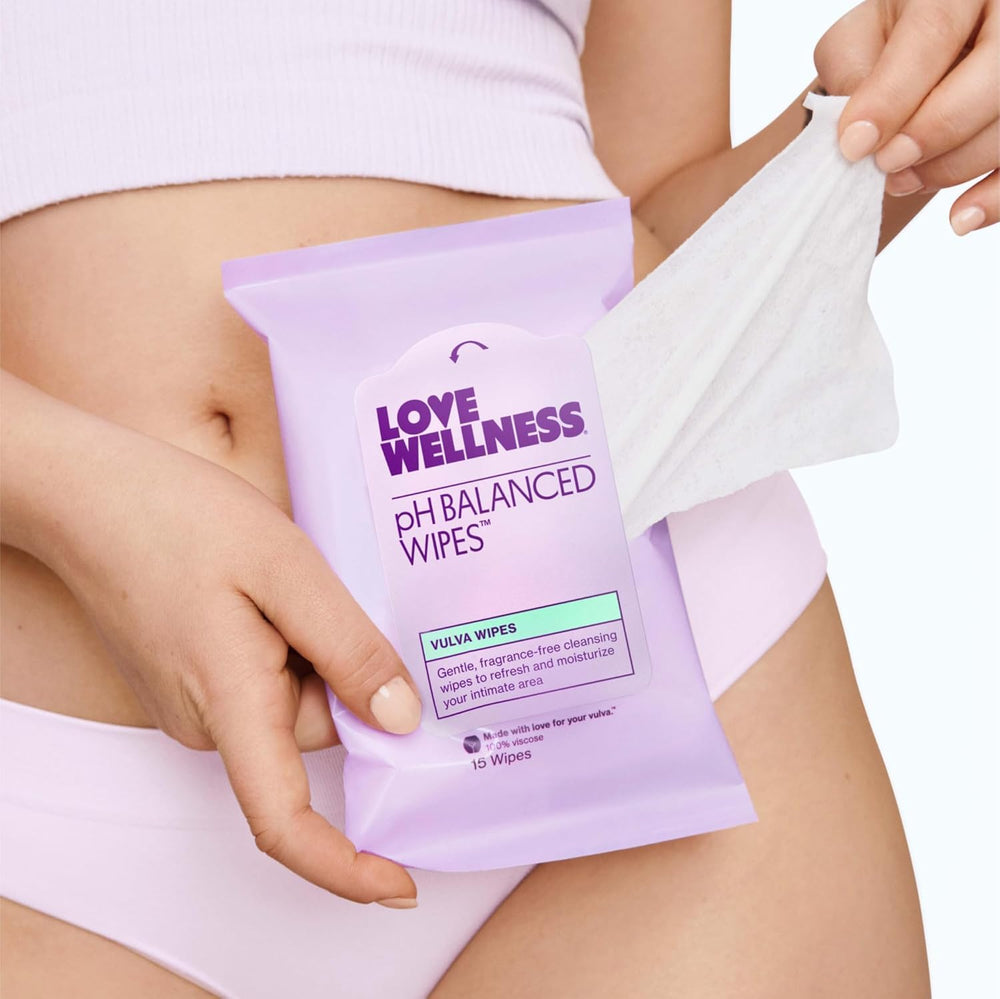 Fragrance-free Love Wellness wipes with non-GMO ingredients for gentle use.