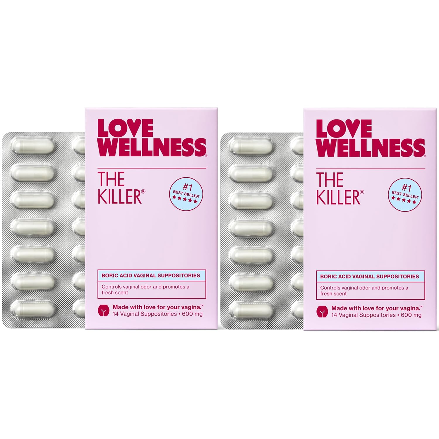Love Wellness The Killer box front with boric acid suppositories for vaginal pH balance.
