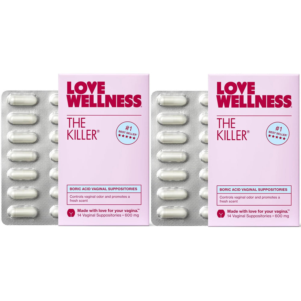 Love Wellness The Killer box front with boric acid suppositories for vaginal pH balance.