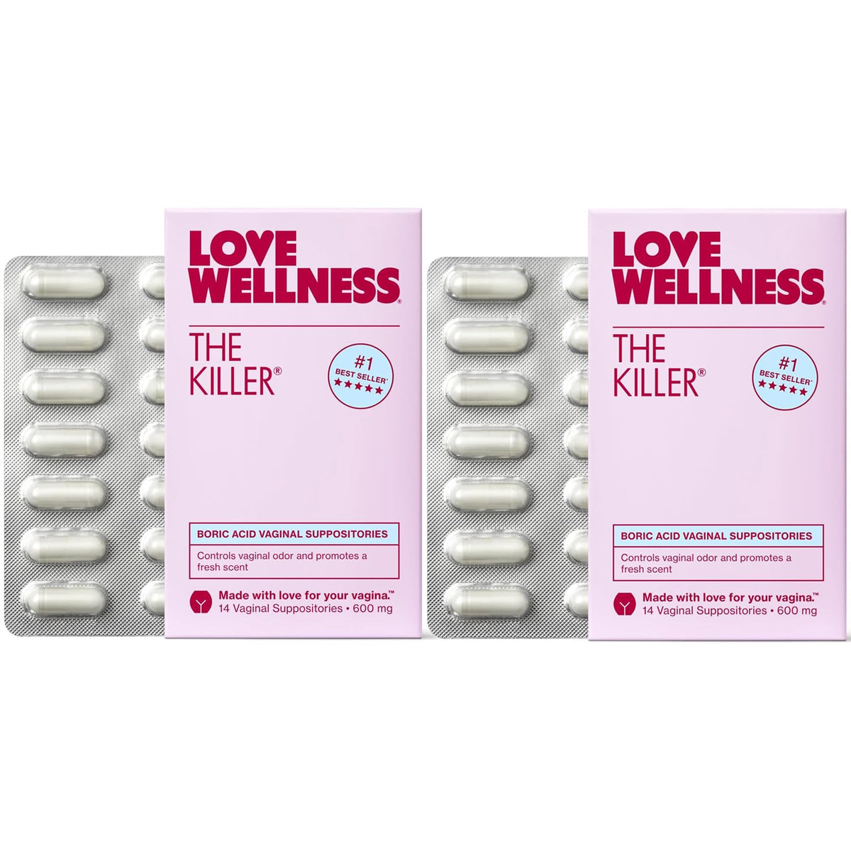 Love Wellness The Killer box front with boric acid suppositories for vaginal pH balance.