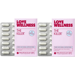 Love Wellness The Killer box front with boric acid suppositories for vaginal pH balance.