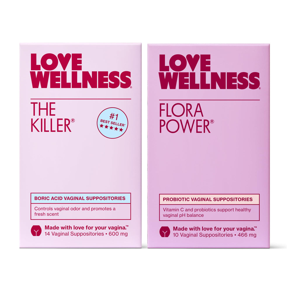 Love Wellness The Killer boric acid suppositories box for pH balance support.