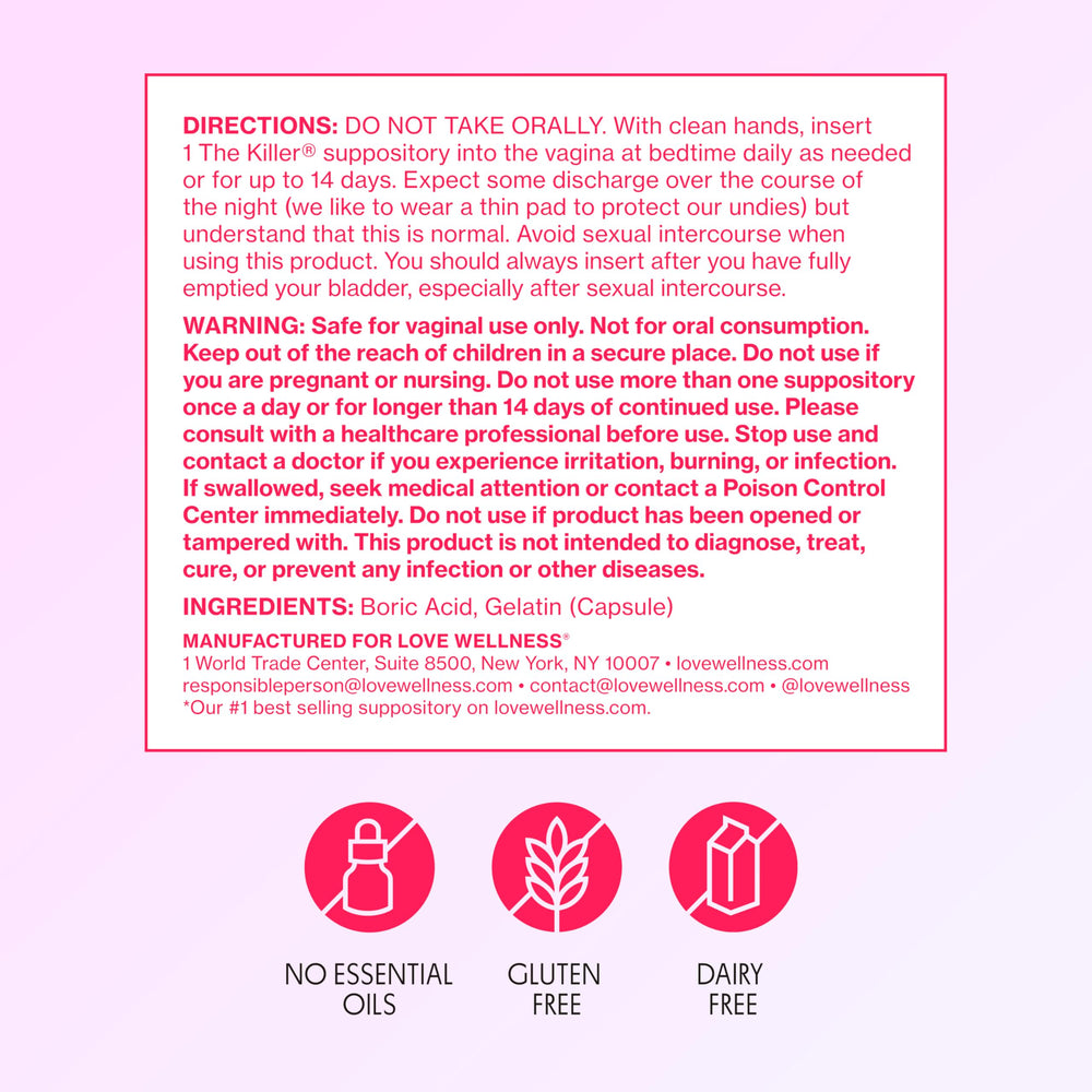 Love Wellness The Killer ingredients panel highlights fragrance-free, skin-friendly formula.