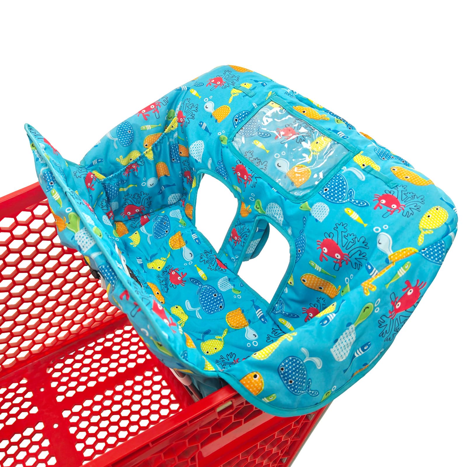 Love&go 2-in-1 cover folds for easy carrying and fits carts and high chairs.