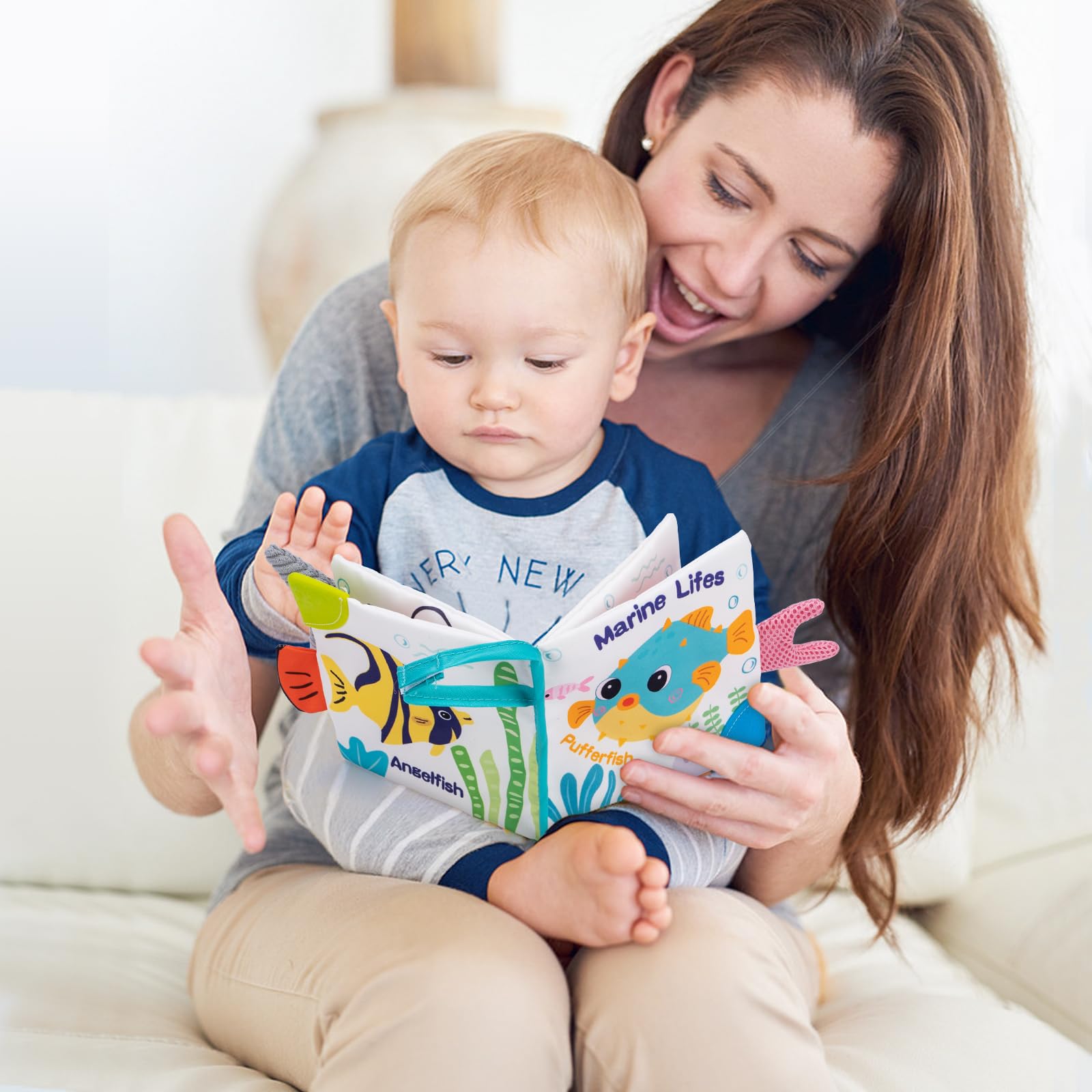 Love&Mini Ocean Shark Crinkle Book squeaky element adds playful sound