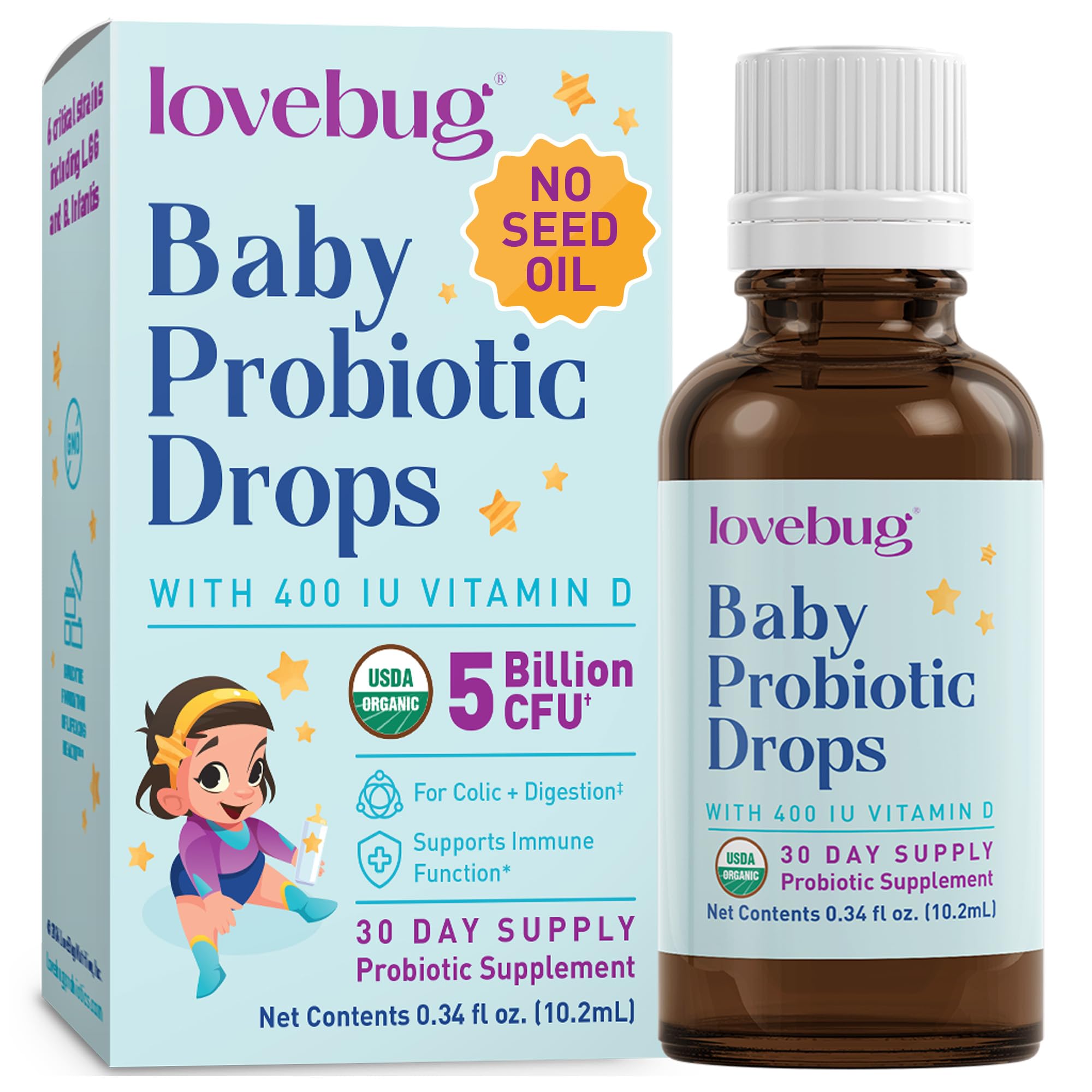 Lovebug Baby Probiotic Drops bottle with tasteless formula for gentle digestion