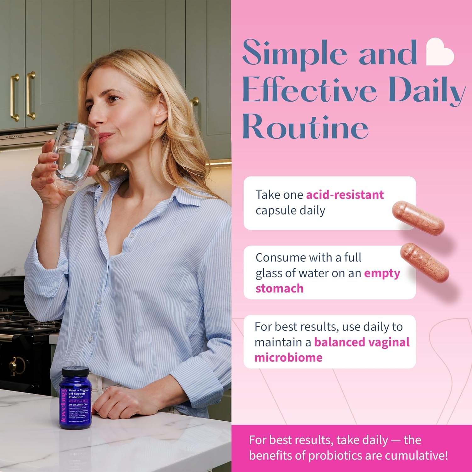 Lovebug daily-use bottle conveys simple routine for ongoing feminine wellness.