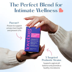 Lovebug 5-strains probiotic blend image emphasizes multi-strain approach for women's health.