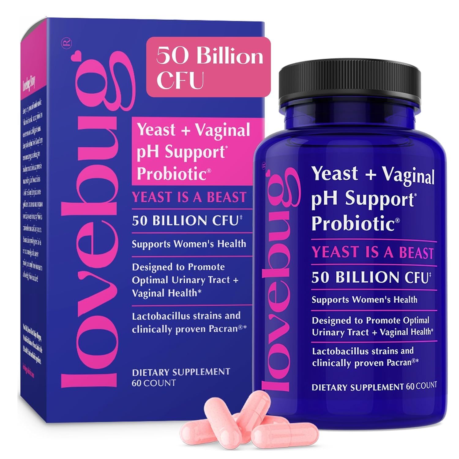 Lovebug Yeast and Vaginal Probiotics bottle shows daily balance for vaginal and urinary comfort.