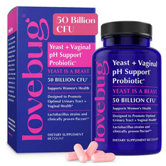 Lovebug Yeast and Vaginal Probiotics bottle shows daily balance for vaginal and urinary comfort.