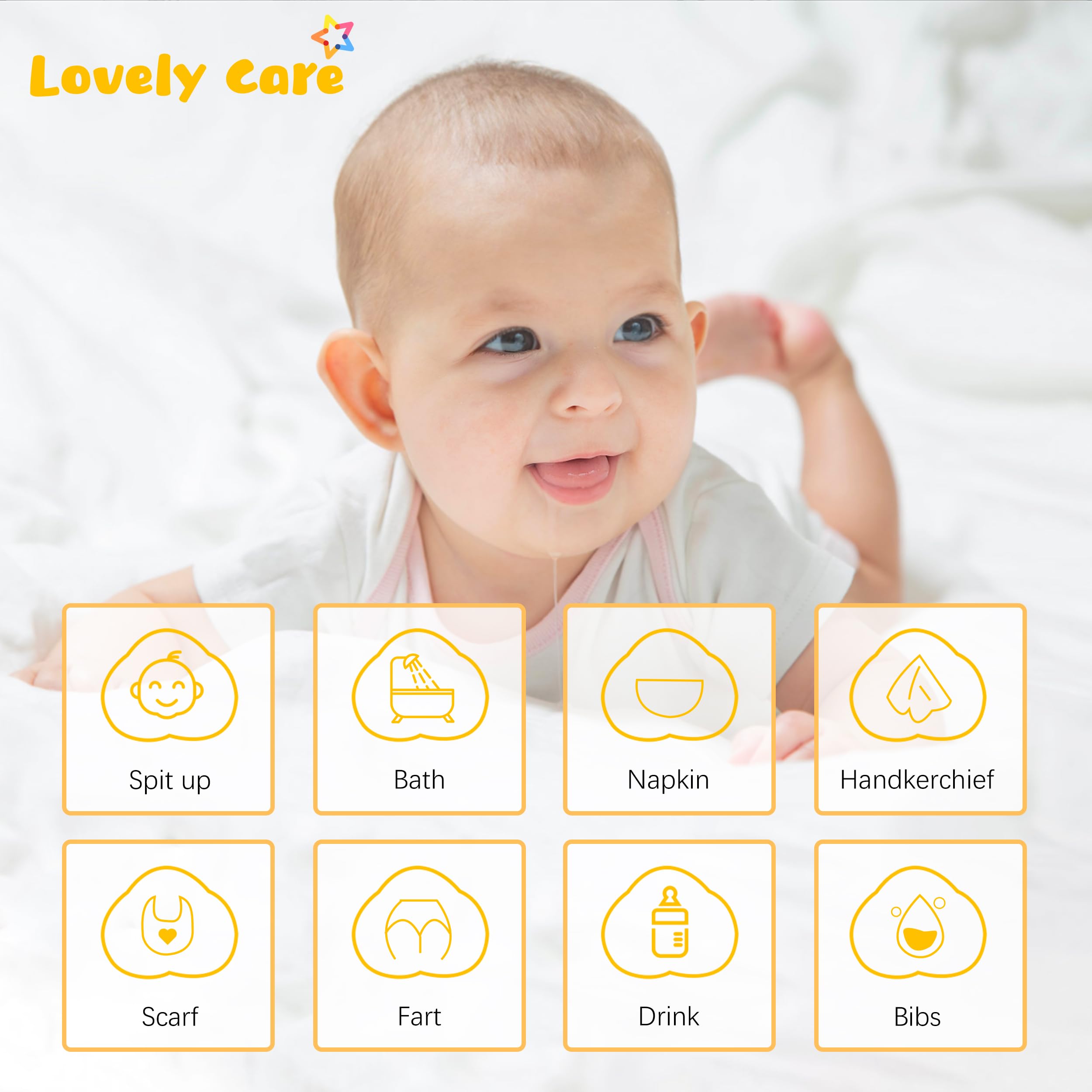 Lovely Care burp cloth on a baby's shoulder after feeding.