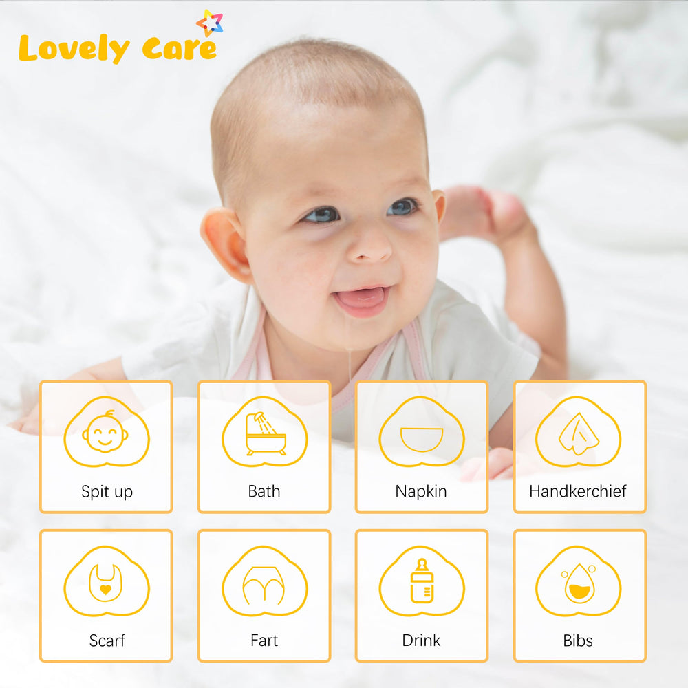 Lovely Care burp cloth on a baby's shoulder after feeding.