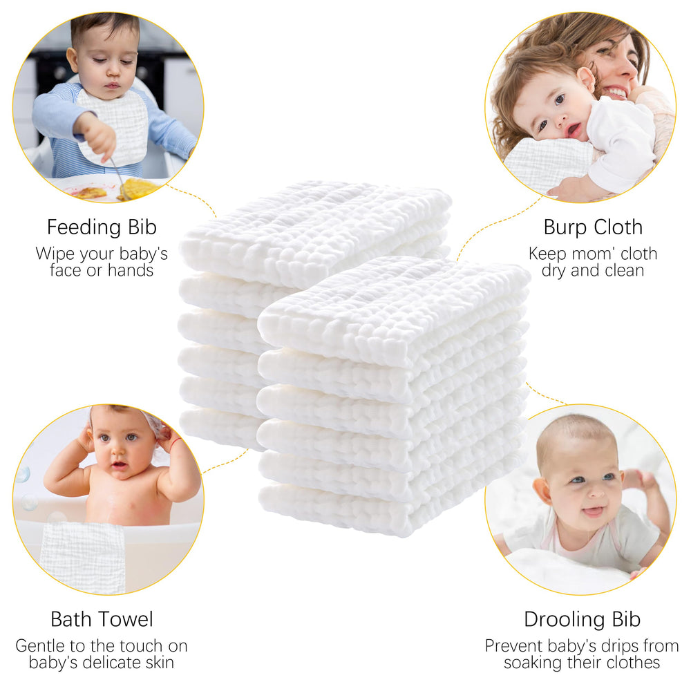 Lovely Care muslin burp cloth on baby highlights skin-friendly fabric.