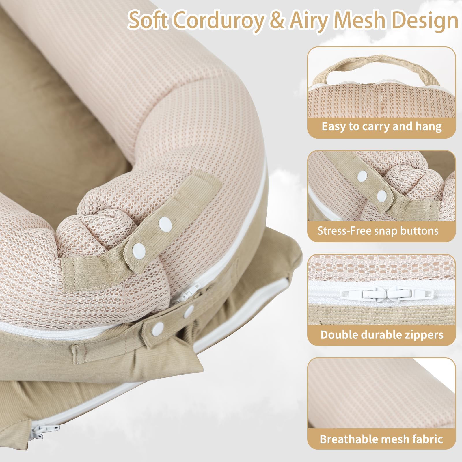 LOVE MAGE lounger with breathable mesh sides enhances air flow and baby comfort.