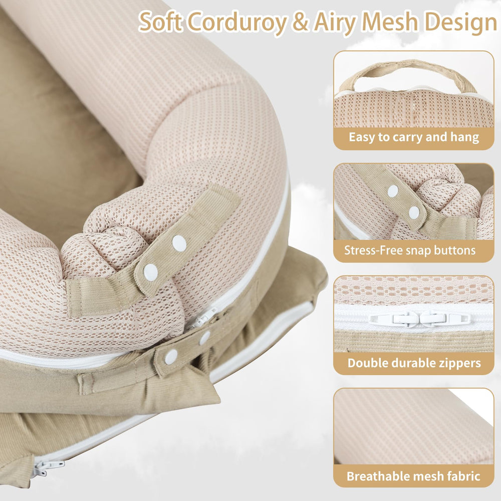 LOVE MAGE lounger with breathable mesh sides enhances air flow and baby comfort.