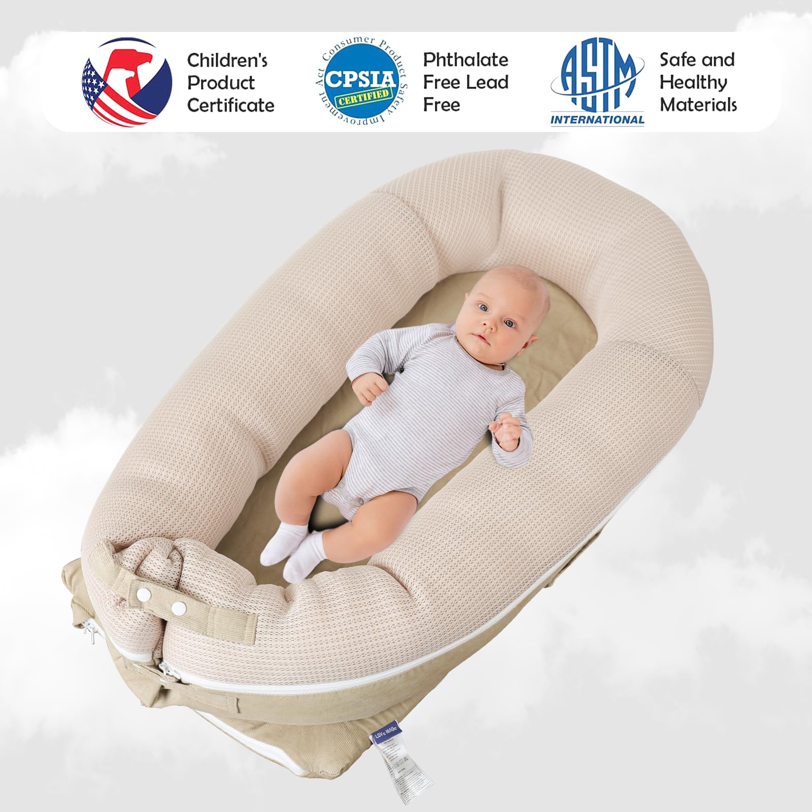 LOVE MAGE lounger’s thick base cushions tiny bodies during tummy time.