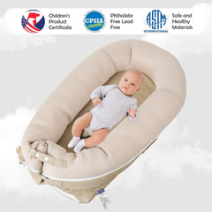LOVE MAGE lounger’s thick base cushions tiny bodies during tummy time.