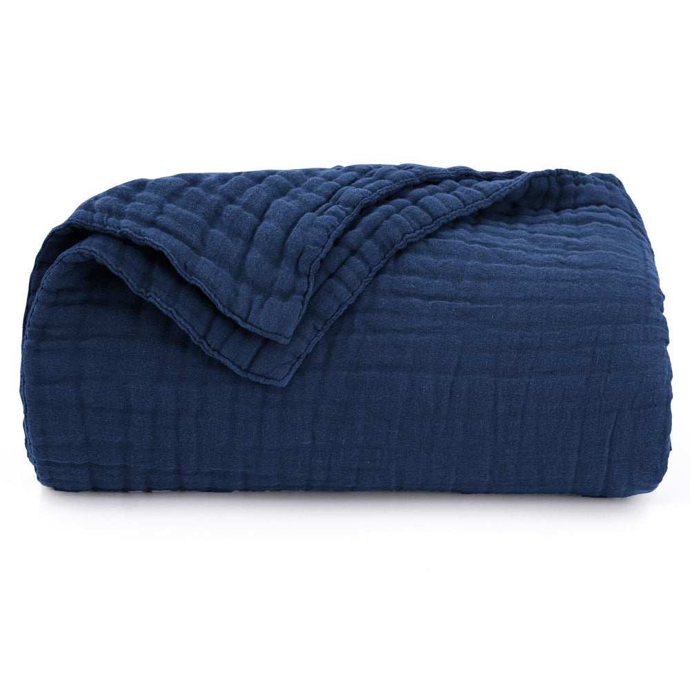 Love's cabin muslin blanket color options include blue-gray, white, beige