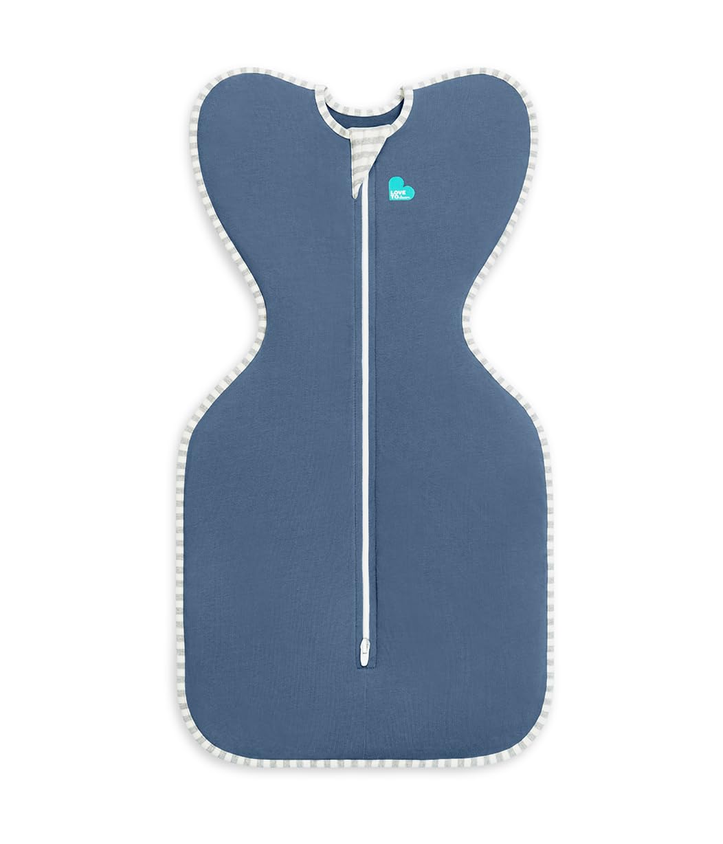 love to dream swaddle up denim front-view shows snug arms-up design for calm startle-free sleep