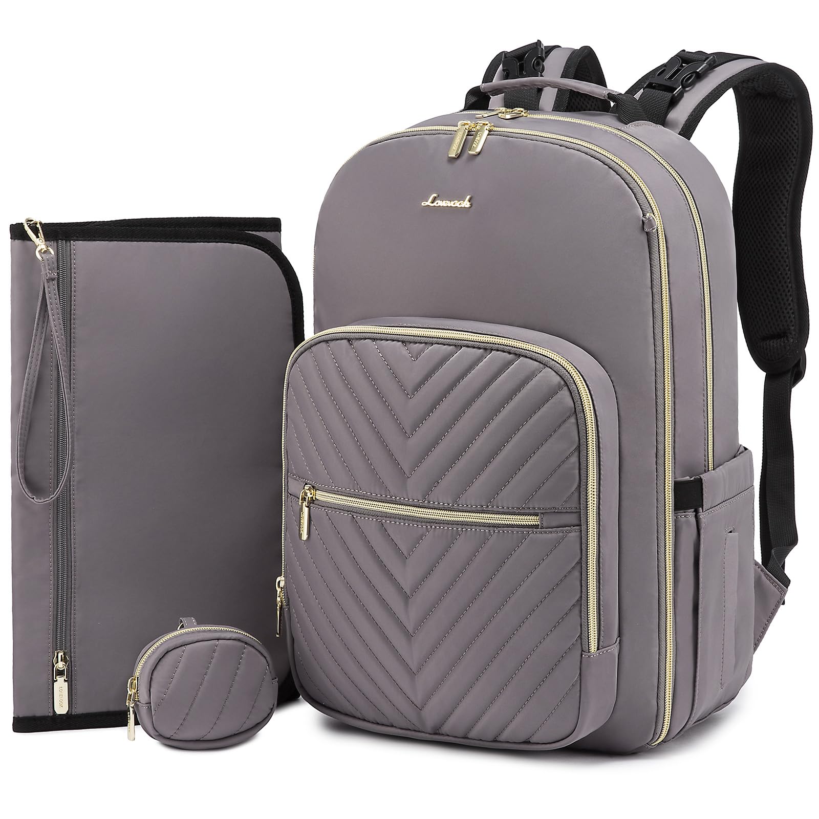 LOVEVOOK diaper bag backpack quilted purple-grey, front view with spacious main compartment.