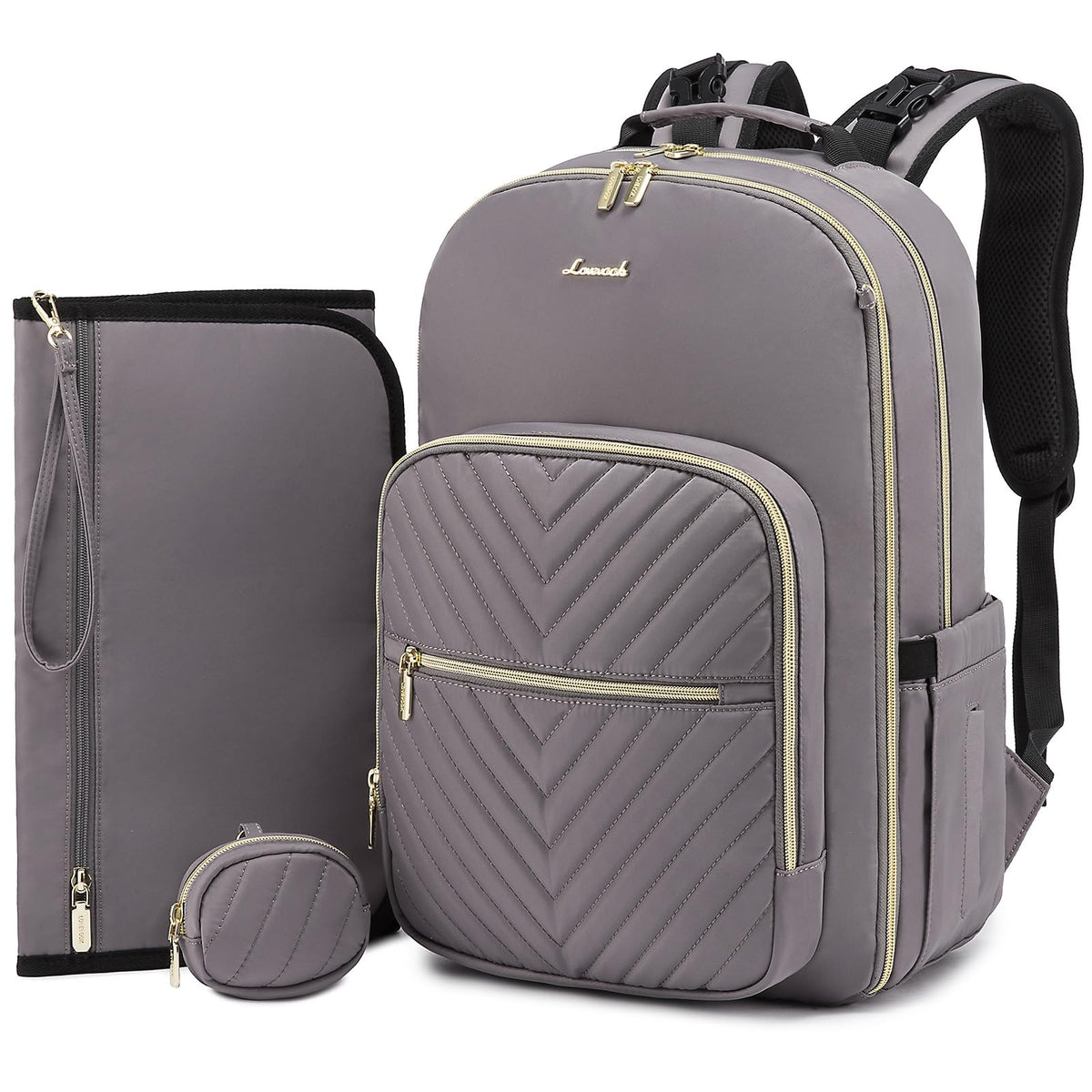 LOVEVOOK diaper bag backpack quilted purple-grey, front view with spacious main compartment.