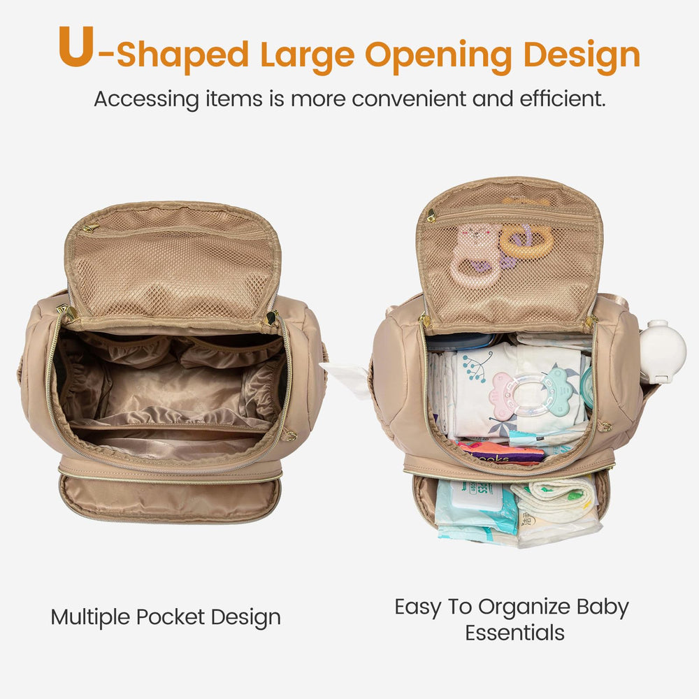 LOVEVOOK diaper bag interior organized with multiple pockets for bottles and clothes.