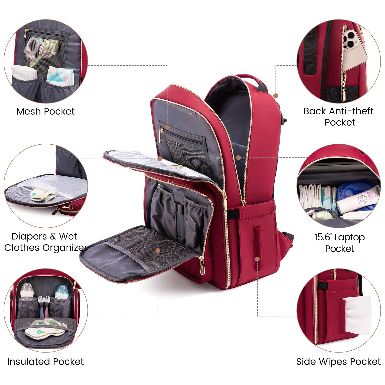 LOVEVOOK diaper bag backpack open view highlighting numerous organized pockets