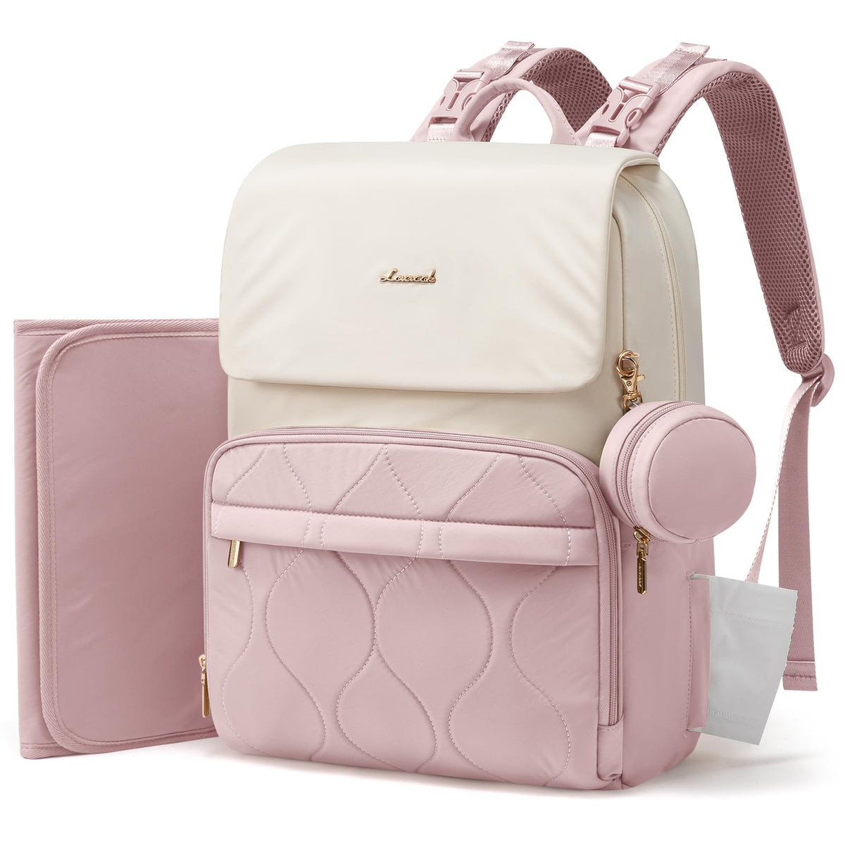 LOVEVOOK diaper bag backpack pink front view showing spacious main compartment for essentials