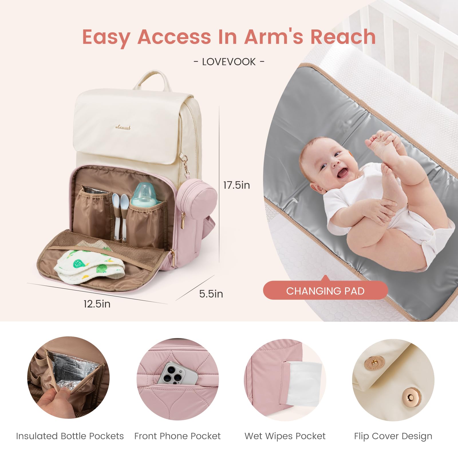 LOVEVOOK quick access side pocket pink helps grab wipes in seconds