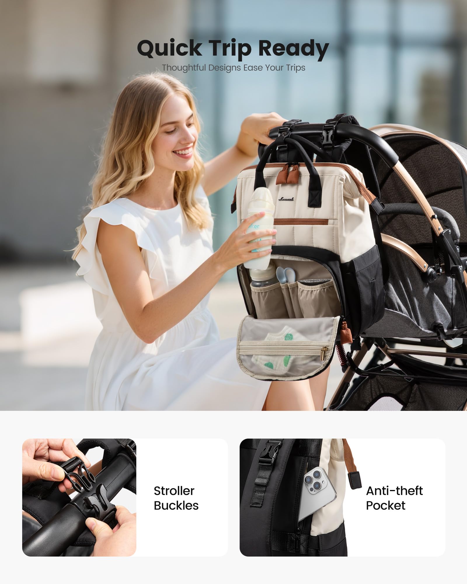 LOVEVOOK Puffer Diaper Backpack stroller buckle attachment for hands-free outings