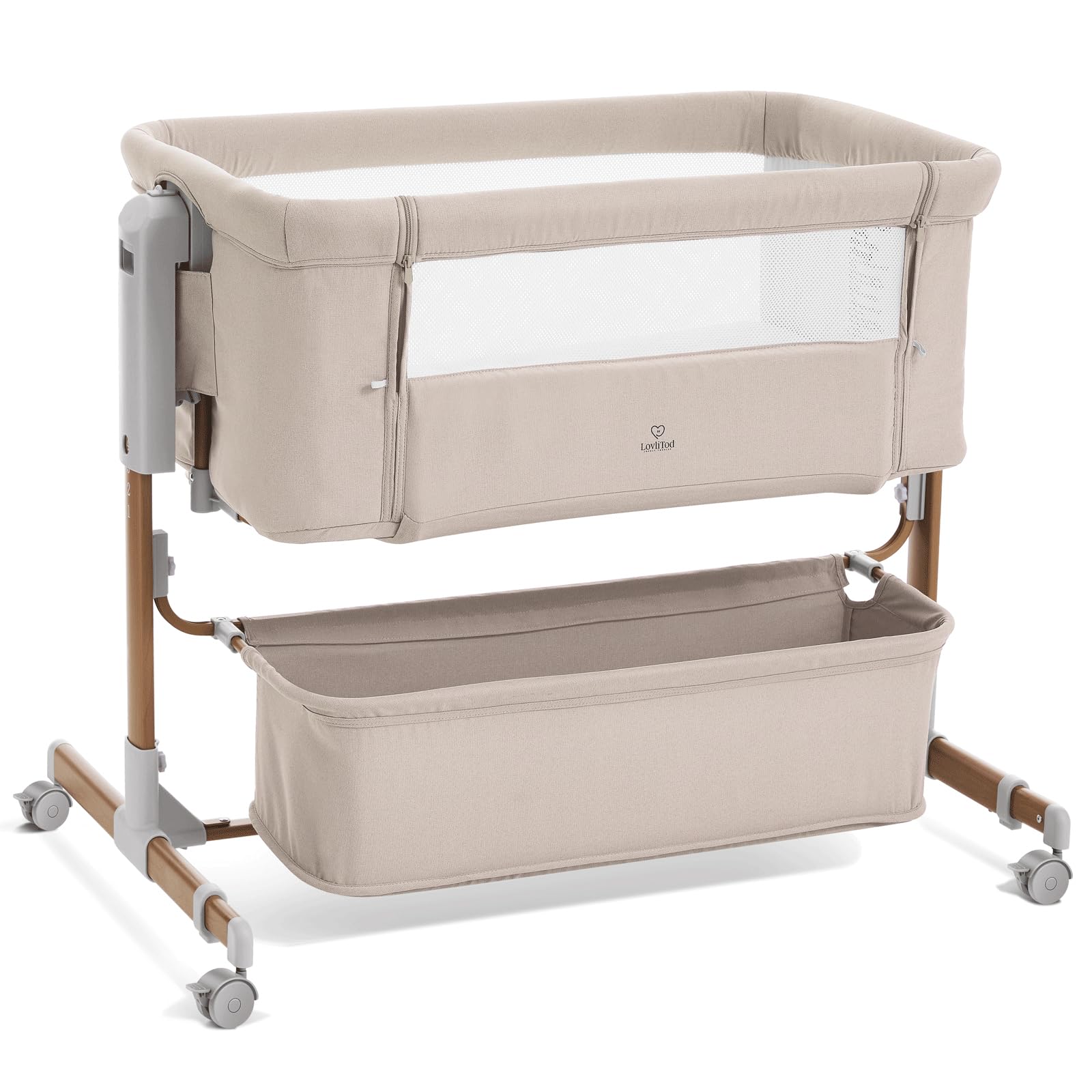 LovliTod Baby 3-in-1 bedside sleeper bassinet with mesh for airflow and closeness.