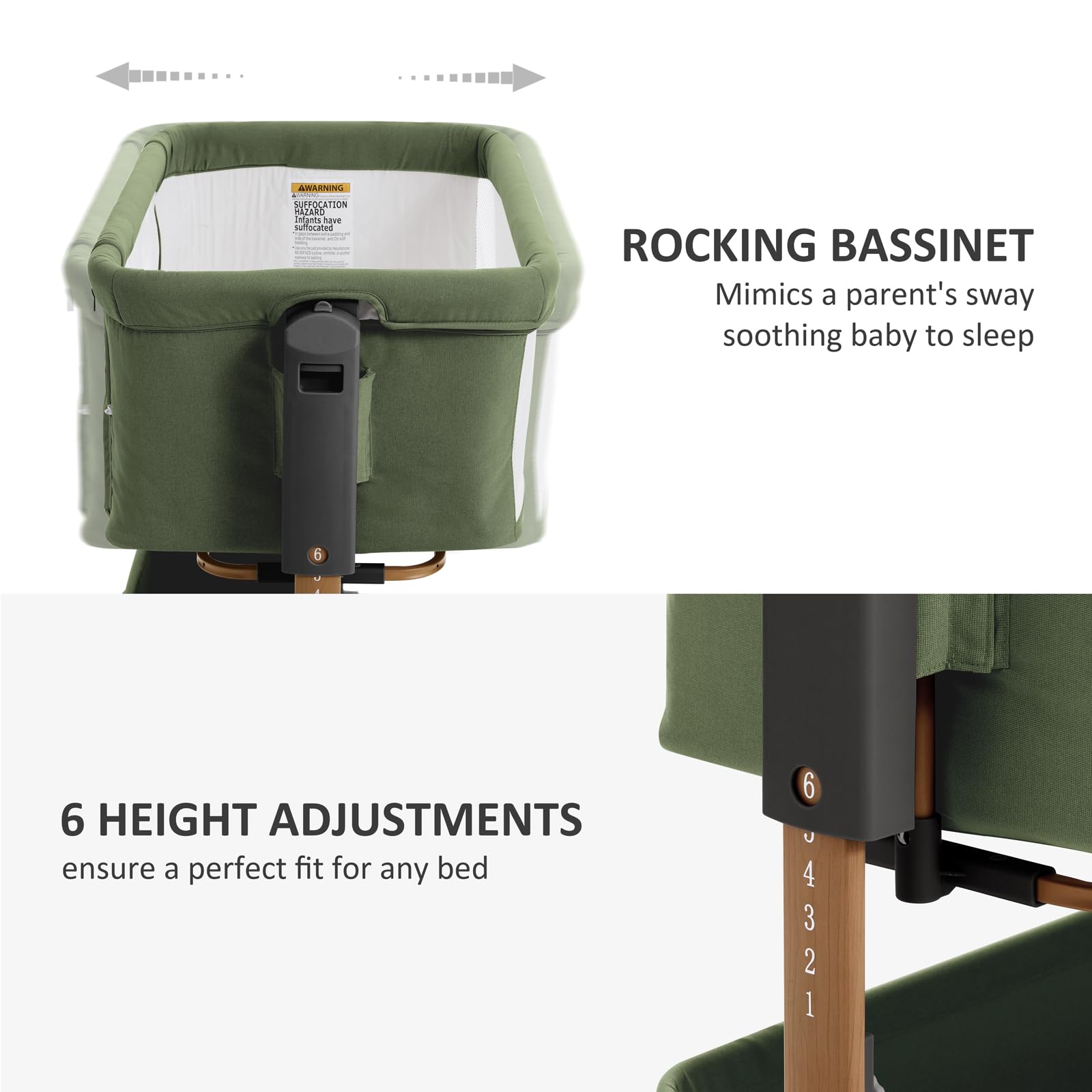 LovliTod Baby bassinet showing 6-height adjustment for bed compatibility