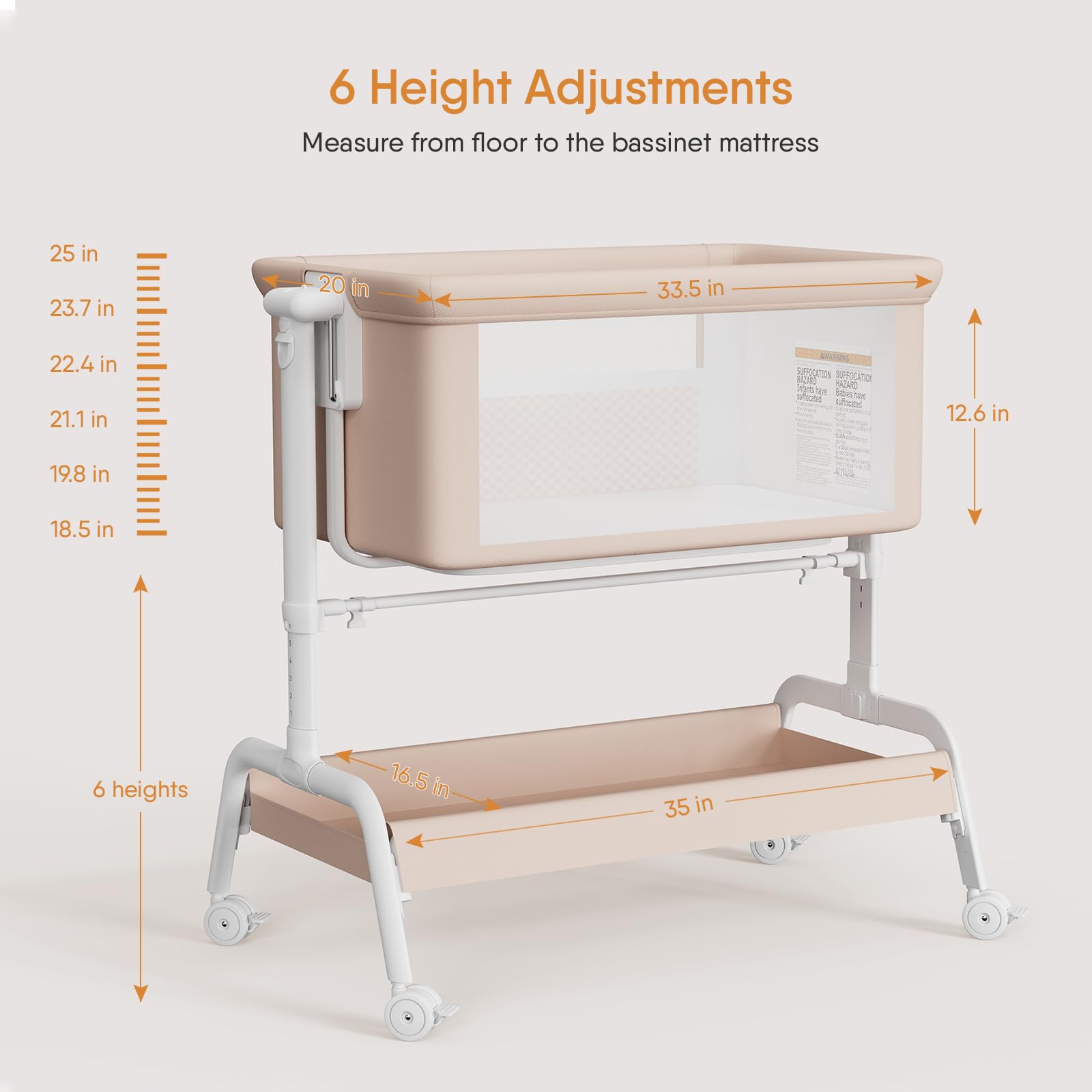 LovliTod Baby bassinet provides six height options to fit beds.