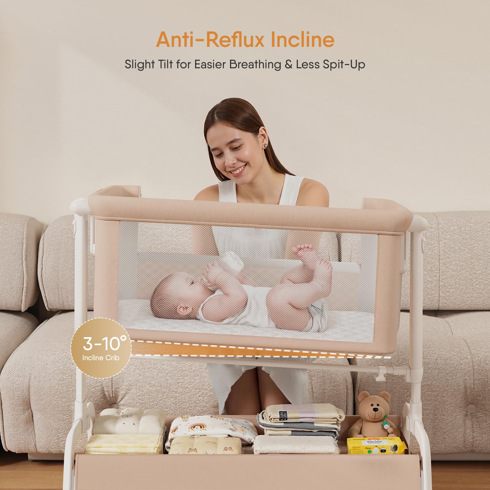 LovliTod Baby bassinet with storage basket and lockable wheels.