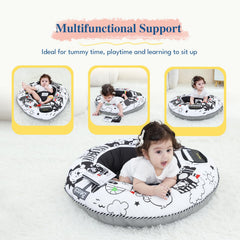 Infant seated and playing with Lovvie & Joy activity center.